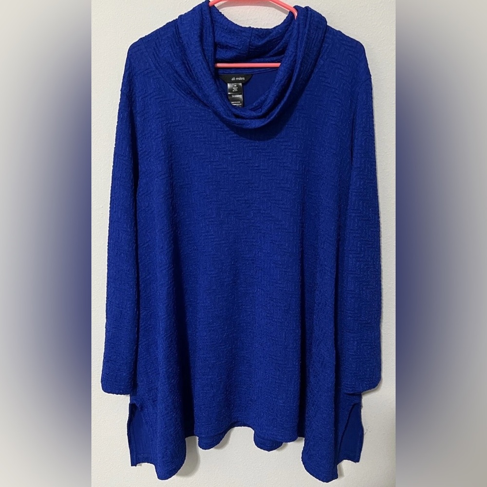 Ali Miles Tunic Top Plus Size 1X Royal Blue Textured Woven Cowl Neck 3/4 Sleeve.